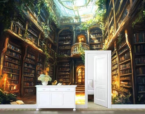 Warm Brown Green Decorative Wall Mural Wallpaper Lush Library Books Fantasy - Image 4