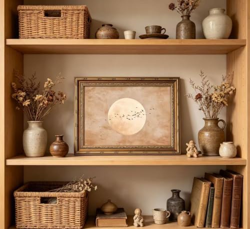 Vintage Gold Framed Minimalist Moon and Birds in Flight Wall Art, Neutral Beige - Image 5