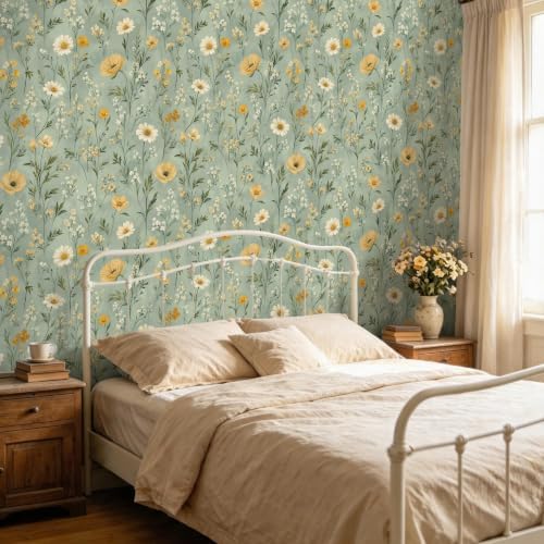 BOKEBEVE Green Floral Wallpaper Peel and Stick Boho Yellow 17.5 x 118In - Image 4