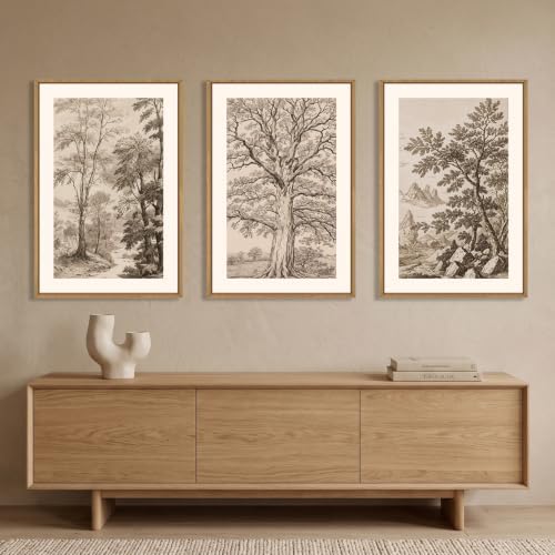 Vintage Tree Sketch Landscape Framed Canvas Wall Art Set- 24"x36"x3 - Image 3