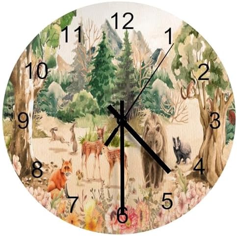Forest Wood Wall Clock, Retro Mountain Forest Nature Tree Woodland Flower by LOMADIA