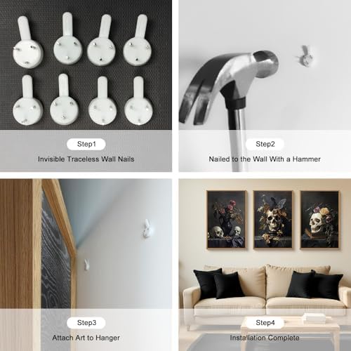 Large Vintage Skull Halloween Floral Framed Canvas Wall Art Set, Abstract - Image 5