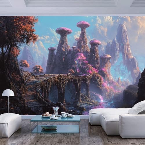 Colorful Wall Mural Wallpaper Mushroom Like Structures Bridge Fantasy Style by Unknown