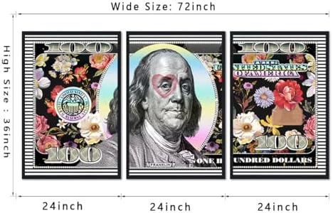Black Framed Wall Art Canvas Money 100 Dollar Flowers Painting 3 Panels - Image 5