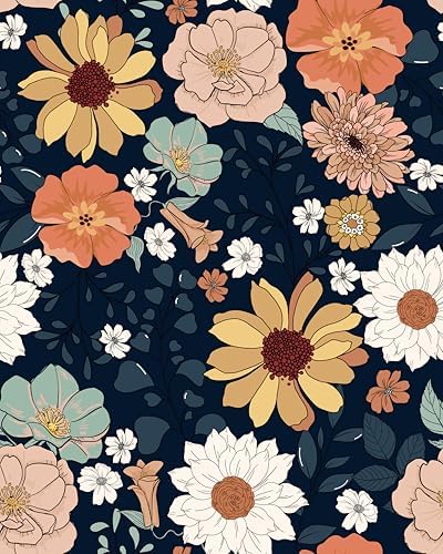 17.7" x 118" Boho Peel and Stick Wallpaper Navy Blue Flower Leaf Vintage Floral by Virefana