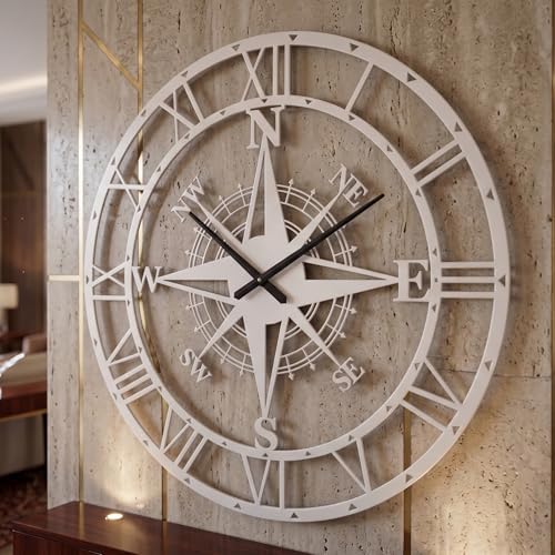 ECHORA Large Metal Compass Rose Wall Clock, Roman Numeral, Nautical Farmhouse - Image 6