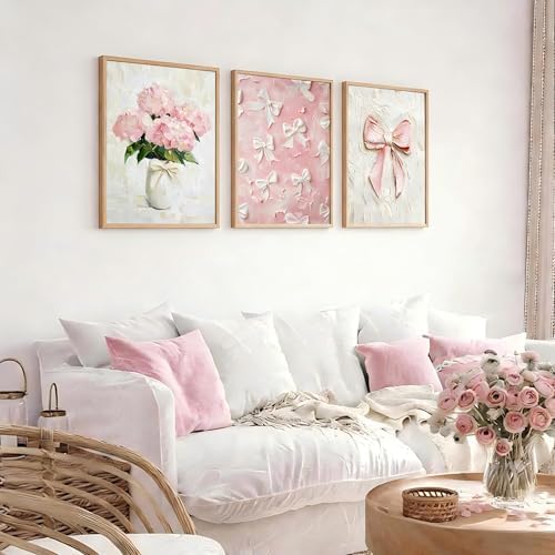 3Pcs Trendy Pink Bows Wall Art Cute Girly Coquette Watercolor Hydrangea Bow - Image 4