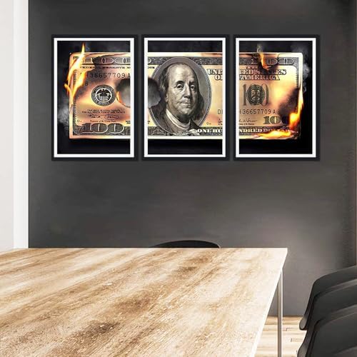 Modern Money Benjamin Franklin Canvas Wall Art Black Framed Painting 3 Panels - Image 3
