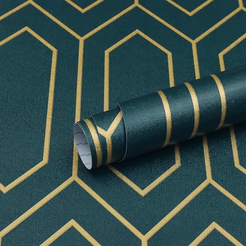 Safiyya 590"x17.3" Gold and Dark Teal Peel and Stick Wallpaper Geometric - Image 2