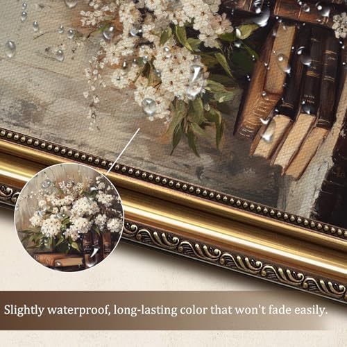 uniro Vintage Gold Framed Wall Art, Moody Books and Flowers Canvas Art Prints - Image 3