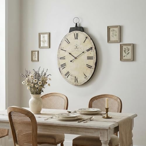 29 Inch Vintage Yellow Oval Wall Clock, Silent Non-Ticking Quartz Battery - Image 6