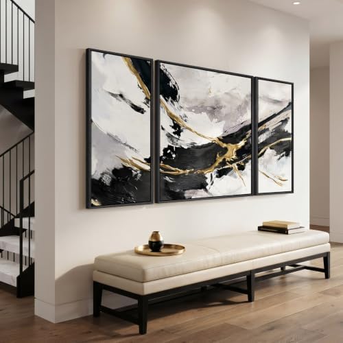 Extra Large Framed Black White and Gold Abstract Wall Art - Image 3
