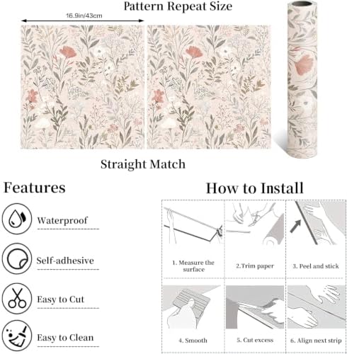 Froluya Wildflower Peel and Stick Wallpaper Neutral Floral Contact Paper - Image 5