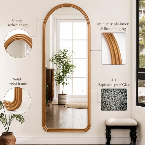 24x65 Inch Wood Arched Full Length Floor Mirror, Natural Wood - Image 4