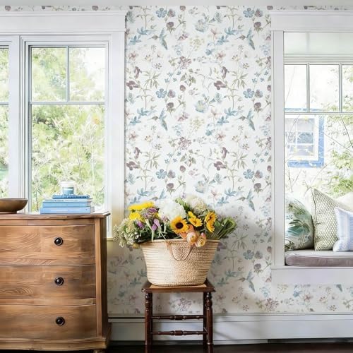 Ismoon Floral and Bird Peel Stick Wallpaper Blue Contact Paper 17.3x393in - Image 3