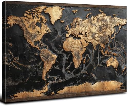 Abstract World Map Canvas Wall Art Black and Gold Wall Decor by AREBOLOLLC