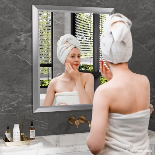 Amorho Bathroom Mirror for Wall 24x30 Inch, Brushed Silver Metal Framed - Image 6