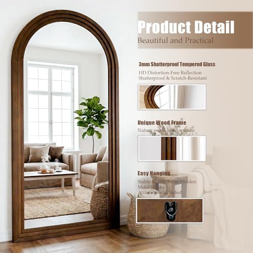 30"x71" Full Length Mirror Solid Wood Frame, Arched Floor Mirror Full Length - Image 3