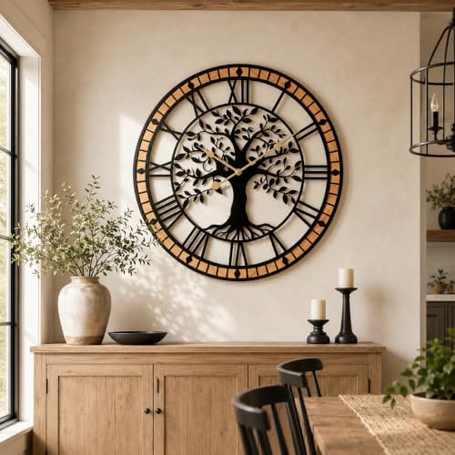 24 Inch Tree of Life Wall Clock, Silent Farmhouse Wood and Metal Decor by Unknown