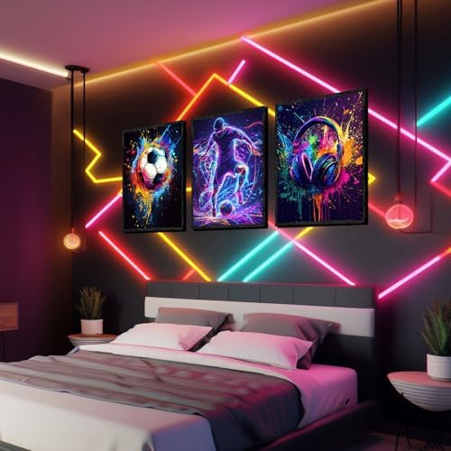 3 PCS Soccer Wall Art Neon Sports Canvas Prints - Image 3
