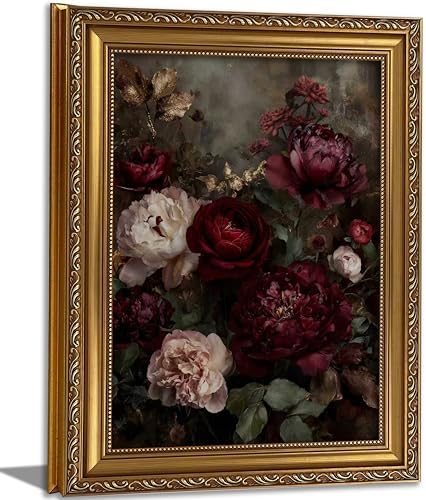Vintage Gold Framed Floral Wall Art Dark Moody Flower Botonical Canvas Painting by VintageGoldFramedWallArt