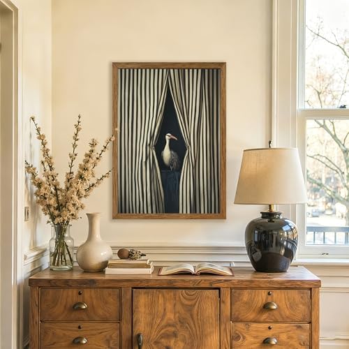 AVECCO Vintage Striped Curtain Moody Crane Wall Art Canvas Framed 16x24 in - Image 3