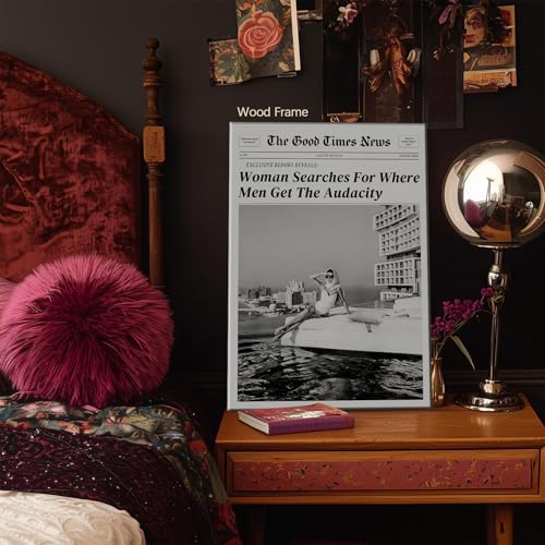 Black and White Newspapers Wall Art 16X20 in Wooden Framed Women Searches - Image 2
