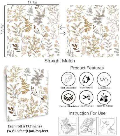 Beige Botanical Floral Peel and Stick Wallpaper 17.7"x70.8" - Image 5