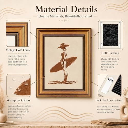 Gold Framed Wall Art, Coastal Cowgirl Surfer Girl Canvas Prints – Vintage - Image 4