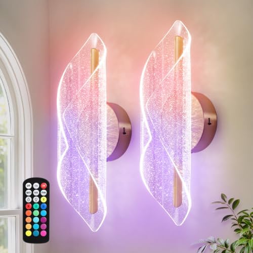 RGB Wall Sconces Set of 2, Hardwired Brushed Gold Wall Lights by Linour