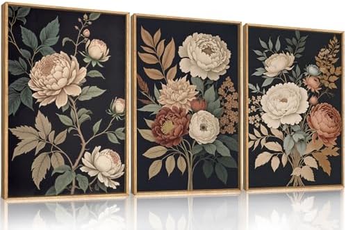 HOURIA Large Moody Dark Flower Framed Canvas Wall Art Set- 24"x36"x3 - Image 5