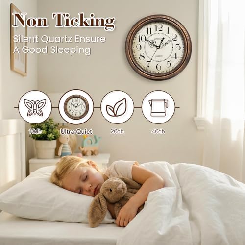 Geevon Vintage Wall Clock, Silent 12" Non Ticking Retro Round Clock Quartz - Image 5