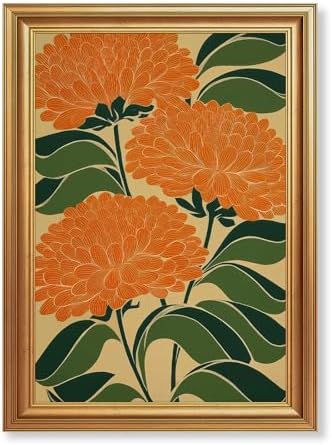 EJPFOGV Art Nouveau Orange Flower Botanical Framed Canvas Wall Art 16x24 in by FramedCanvasWallArt