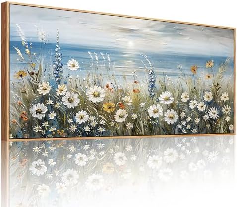 SERIMINO Large Framed Coastal Wall Art, Sunrise Daisy Canvas Prints 32"x71" by SERIMINO