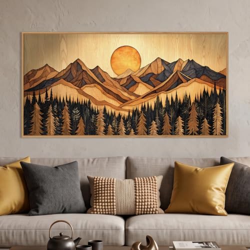 Boho Mountain Woodcut Framed Canvas Wall Art Set -20"x40" by Ausril