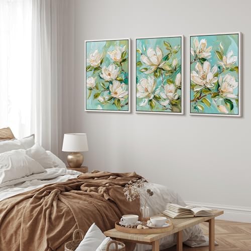 MUDECOR Framed Canvas Print Wall Art Abstract Magnolia Flower Teal Green - Image 3