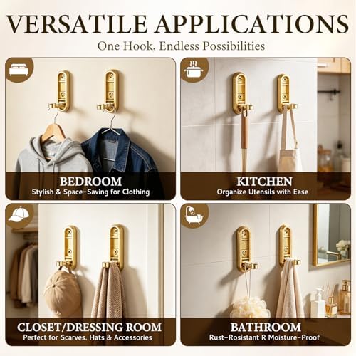 Folding Wall Hooks, 2 Pack Gold Heavy Duty Coat Hooks, Screw Mounted - Image 6