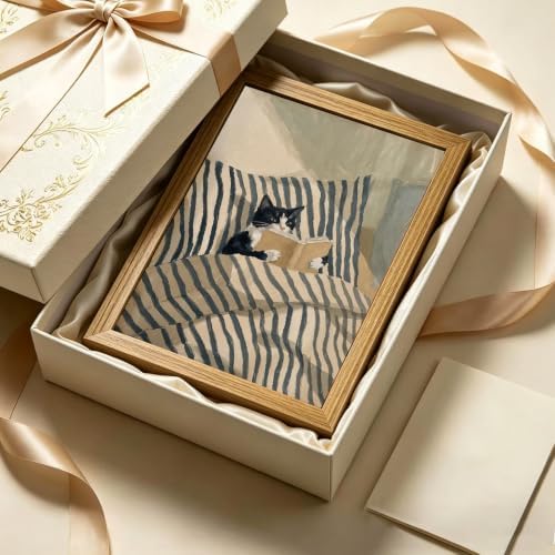 Framed Whimsical Wall Art Tuxedo Cat Reading Book Canvas Print Decor - Image 5