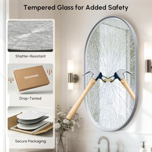 USHOWER Brushed Nickel Oval Bathroom Mirror 24x36 Inch, Oval Wall Mirror - Image 5
