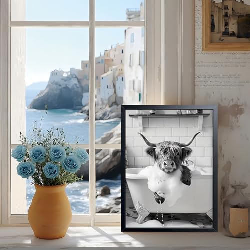 Highland Cow Bathroom Wall Art, Cute Black and White Animal Wall Decor Painting - Image 6
