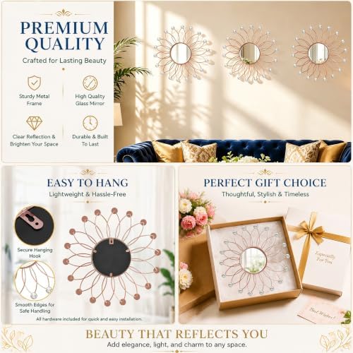 3 Pack Wall Metal Mirrors Sunburst Wall Mirror Rose Gold Crystal Wall Art - Image 7