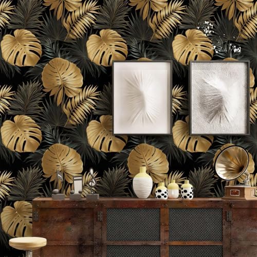 Black Gold Tropical Palm Monstera Leaf Peel and Stick Wallpaper Self Adhesive - Image 6