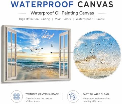 Birnsen Coastal Window Canvas Wall Art Ocean Beach Sunset Painting Picture Wall - Image 5