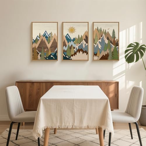 FWIEXA Large Mountain Framed Wall Art Set of 3, Sunrise Pine Tree Wall Decor - Image 4