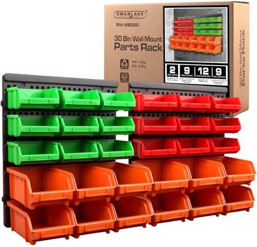 30-Bin Wall-Mounted Storage Bins, Heavy-Duty Garage Tool Organizer by SWANLAKETOOLS
