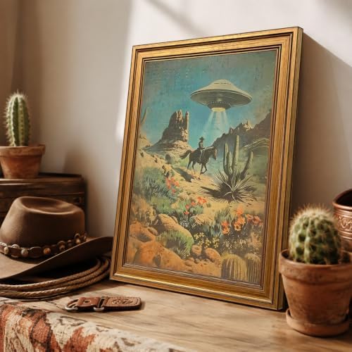 Vintage Gold Framed Western Wall Art, Retro Cowboy UFO Abduction Pictures Wall - Image 3