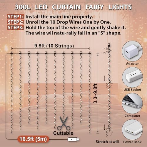 HXWEIYE 300LED Fairy Curtain Lights, 9.8x9.8Ft USB, 8 Modes & Timer - Image 5