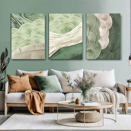Framed Abstract Green Wall Art Set of 3-Mid Century Textured Natural Botanical - Image 3