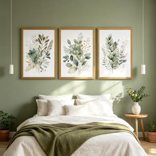 Sage Green Botanical Wall Art Set of 3, Modern Watercolor Eucalyptus Leaf - Image 5