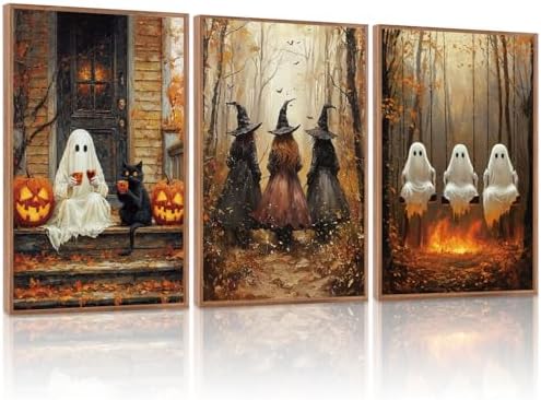 HLNIUC Framed Halloween Canvas Wall Art, Dark Witch Crow Raven Prints, Horror by HLNIUC